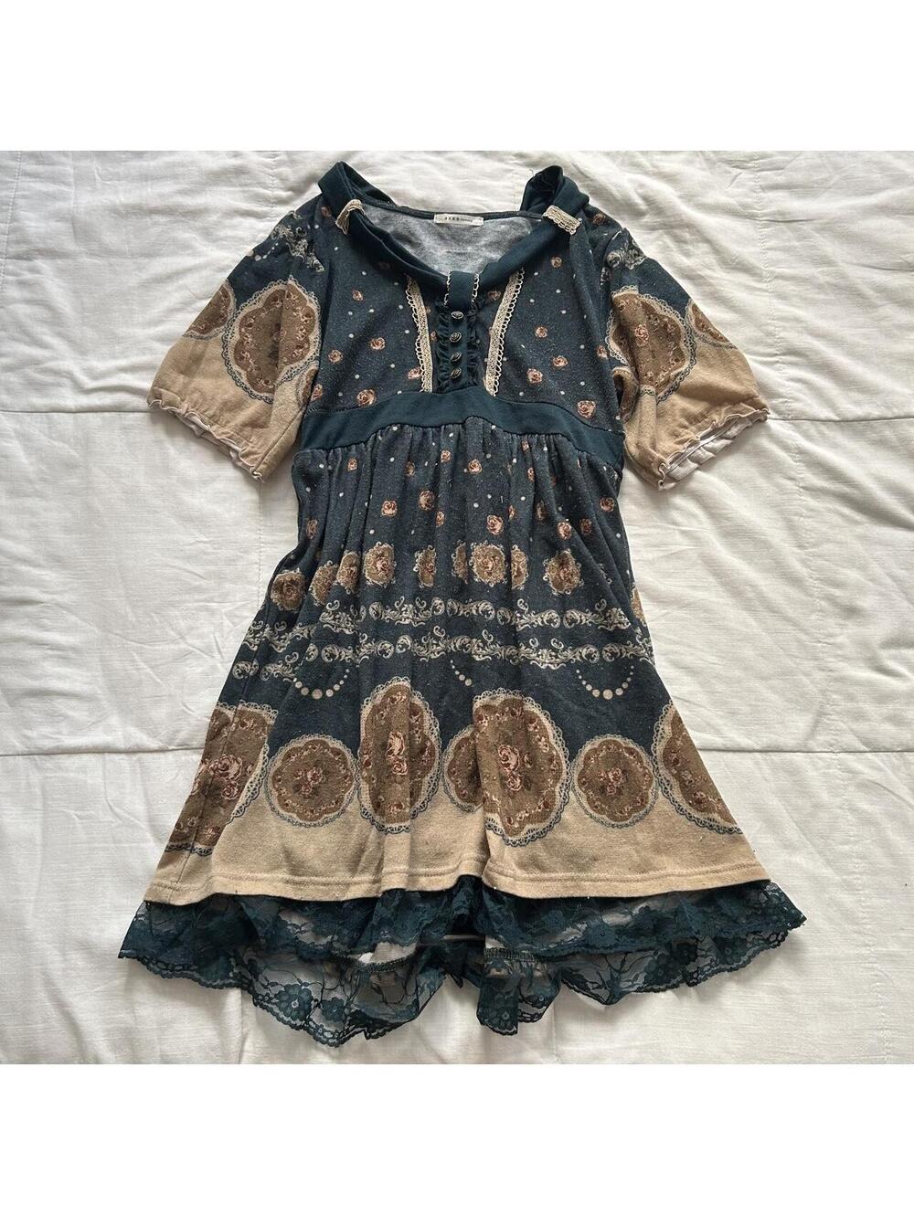 Axes Femme Green Beige Rose Medallion Border Print Lace Dress Medium Japan